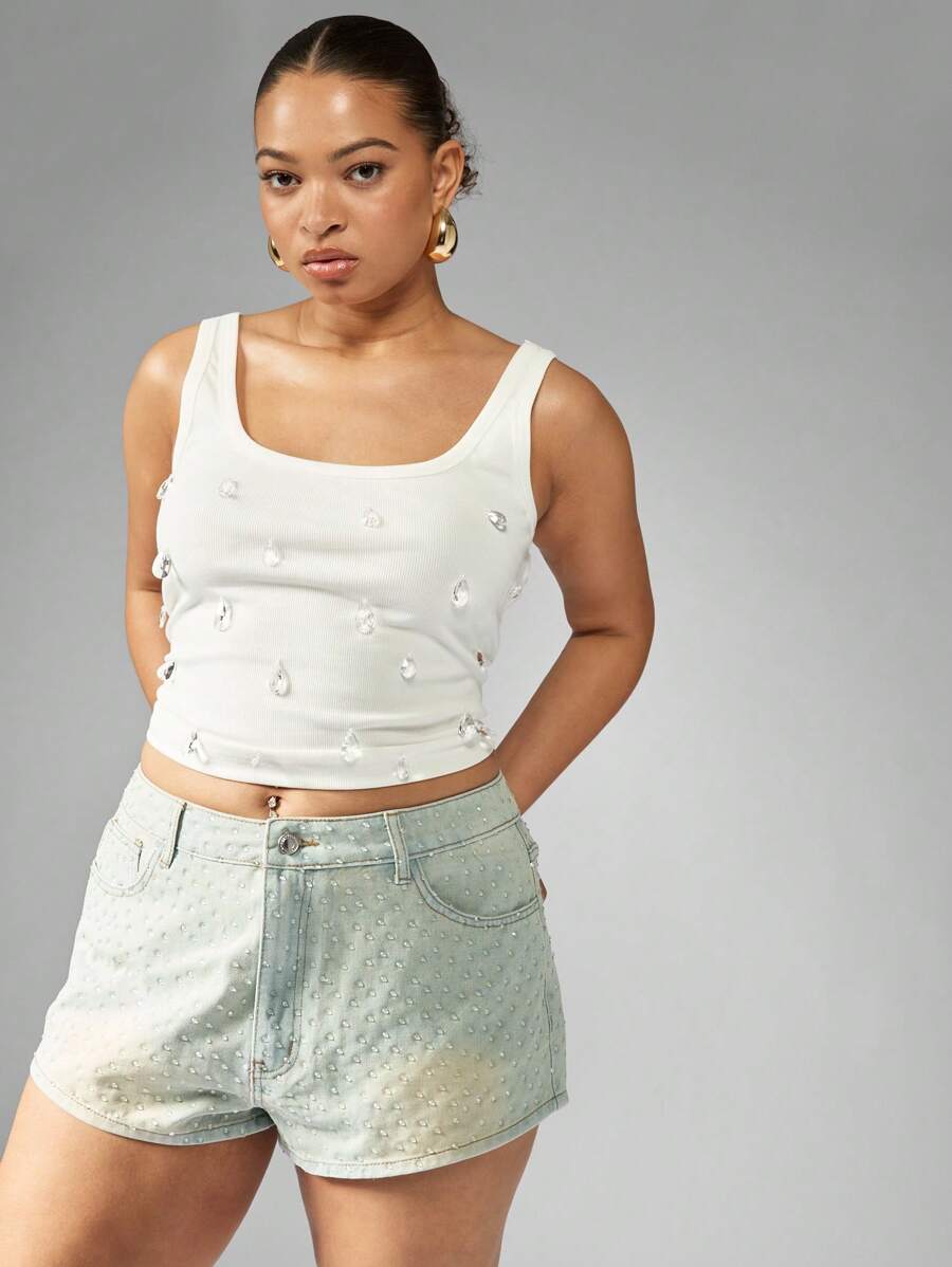 MISSGUIDED PLUS Hot Fix Faded Denim Mom Shorts Cowboy Women Western Style - Dusty Blue - View 1