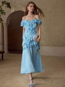 MOTF PREMIUM RUFFLE TRIM OFF SHOULDER DRESS,VALENTINE'S DAY OUTFIT - Blue - View 5