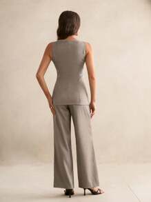 SHEIN Tall 办公室仙女风女装春夏通勤新款假口袋装饰船领卡其色西装马甲开襟西装外套西装裤两件套适合夏季约会商务休闲女夏套装 - 卡其色 - 查看 2