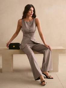 SHEIN Tall 办公室仙女风女装春夏通勤新款假口袋装饰船领卡其色西装马甲开襟西装外套西装裤两件套适合夏季约会商务休闲女夏套装 - 卡其色 - 查看 3