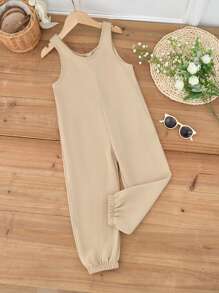 Young Girl' Khaki Solid Color Casual Sleeveless Romper, Fashion Resort Style (3-Piece Family Matching Outfits Sold Separately)