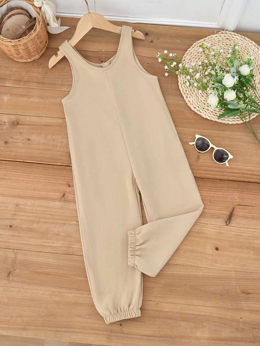 Young Girl' Khaki Solid Color Casual Sleeveless Romper, Fashion Resort Style (3-Piece Family Matching Outfits Sold Separately)