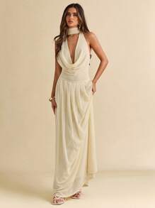 SHEIN BAE Women Solid Color Mesh Plunge Neck Backless Flowy A-Line Dress, Sexy Vacation,Summer Dresses For Women,Party Dress - Apricot - View 4