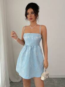 Elenzga Wedding Guest Satin Jacquard Cami Mini Skirt, Blue