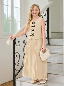 女童蝴蝶结装饰背心和百褶迷你裙 2 件套 - 杏色 - 查看 3