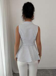 Gloray Áo sơ mi công sở kẻ sọc có cổ, vừa vặn với eo, đa năng, thoải mái cho nữ - Đen và trắng - Xem 4