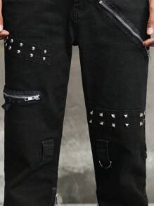 ROMWE MEN Street Life Men's Punk Cowboy Jeans With Eyelet Design And Pockets, Casual Flared - Black - View 7