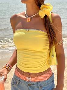 Jouncy Women's Casual Vacation Beach Contrast Trim Ruched Tube Top - Multicolor - View 6