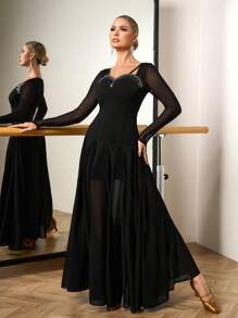 Dansine Rhinestone Embellished Extra Flared Mesh And Chiffon Patchwork Women's Dance Dress