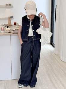 Dazy Kids Set da 2 pezzi per ragazze pre-adolescenti composto da gilet monopetto e jeans con tasche