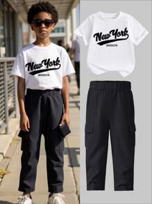 2pcs Young Boys Casual English Letter Print Short Sleeve T-Shirt And Cargo Pants Set, Summer Style - Multicolor - View 1