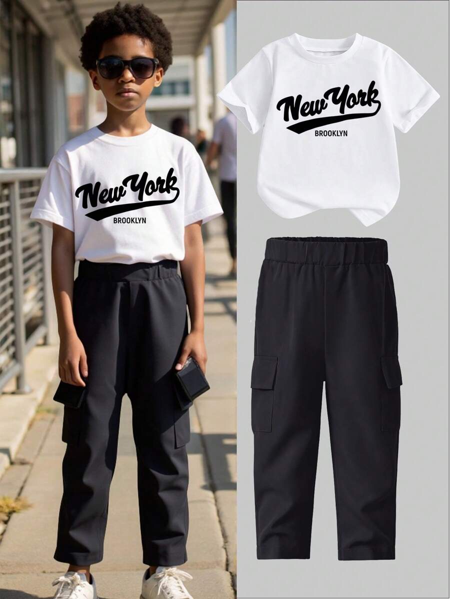 2pcs Young Boys Casual English Letter Print Short Sleeve T-Shirt And Cargo Pants Set, Summer Style - Multicolor - View 1