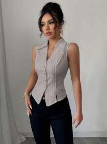 Elenzga Áo sơ mi nữ cổ chữ V không tay kẻ sọc có nút trang trí và đường xẻ viền chữ V phong cách Pháp thanh lịch cho công sở/thường ngày/ngày lễ mùa xuân/hè - Màu be - Xem 4