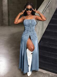 Slaydiva Abito a bretelle di jeans casual da donna, minimalista e alla moda, adatto per l'estate