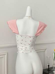 Comfortcana Summer Contrast Floral Print Ruched Sweetheart Neck Blouse Boho Women's Clothing - Pink - View 2