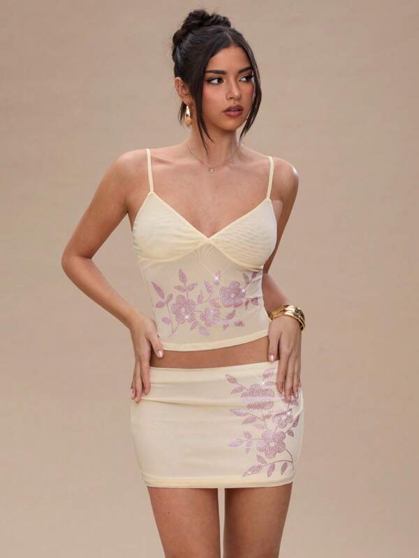 SHEIN BAE Ținute de vară pentru femei, curea spaghetti, plasă cu strass, maiou pentru femei, potrivit pentru evenimente de petrecere, ieșiri zilnice pentru fete fierbinți, festivaluri, evenimente stradale, topuri de vară/ festival, ținute rave/ ținute de absolvire/ oncert femei / ținute rave festival / crop top/ top glamrae/ topuri de vară