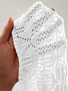 SHEIN SunnyBelle Plus Size Solid Color Fashionable Tie-Up Bow Knot Shell Edge Short Cocoon Crochet Mesh Beach Cover-Up Cardigan, Flare Sleeve Fall Winter Cloth For Women