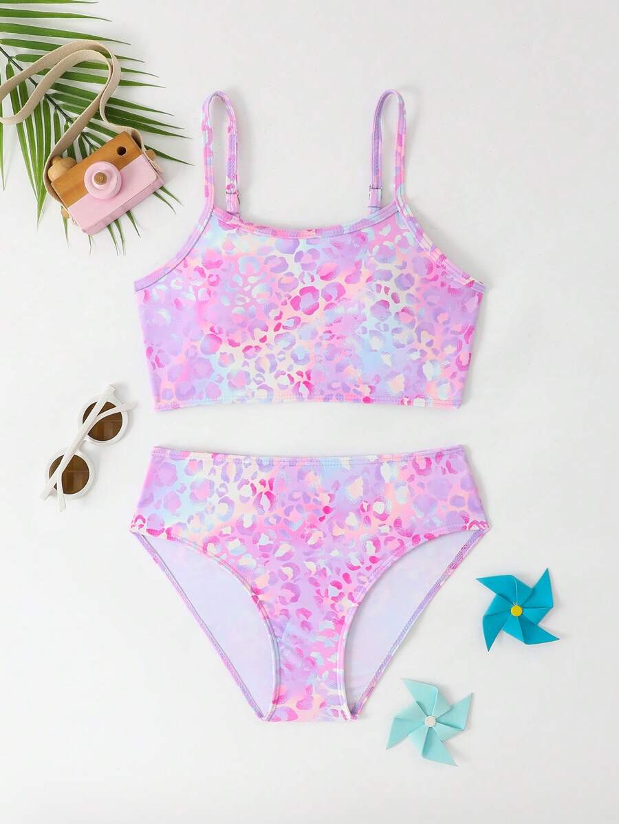 SHEIN 青少年女孩豹紋印花海灘度假泳裝套裝 - 彩色 - 查看 1
