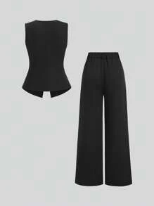 Sweetra 女式夏季无袖金色纽扣百搭上衣和飘逸宽松长裤套装 - 黑色 - 查看 2