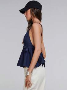 Athîral Women Navy Color V Neck Nylon Plain Buckle Detail Peplum Waist Cami Top - Navy Blue - View 5