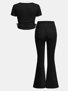 SHEIN Girlism Tween Girls 2 Pieces Set: Rib-Knit Solid Color Round Neck Fitted Pullover Top & Flare Leg Pants, Casual & Comfy - Black - View 2