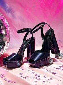 CUCCOO LuxiPop Women's Square Toe Thick Platform Chunky Heel Sandals, Fashionable Minimalist High Heels For Nightclub, Party, Halloween, Christmas, New Year Outfit - Purple - View 4