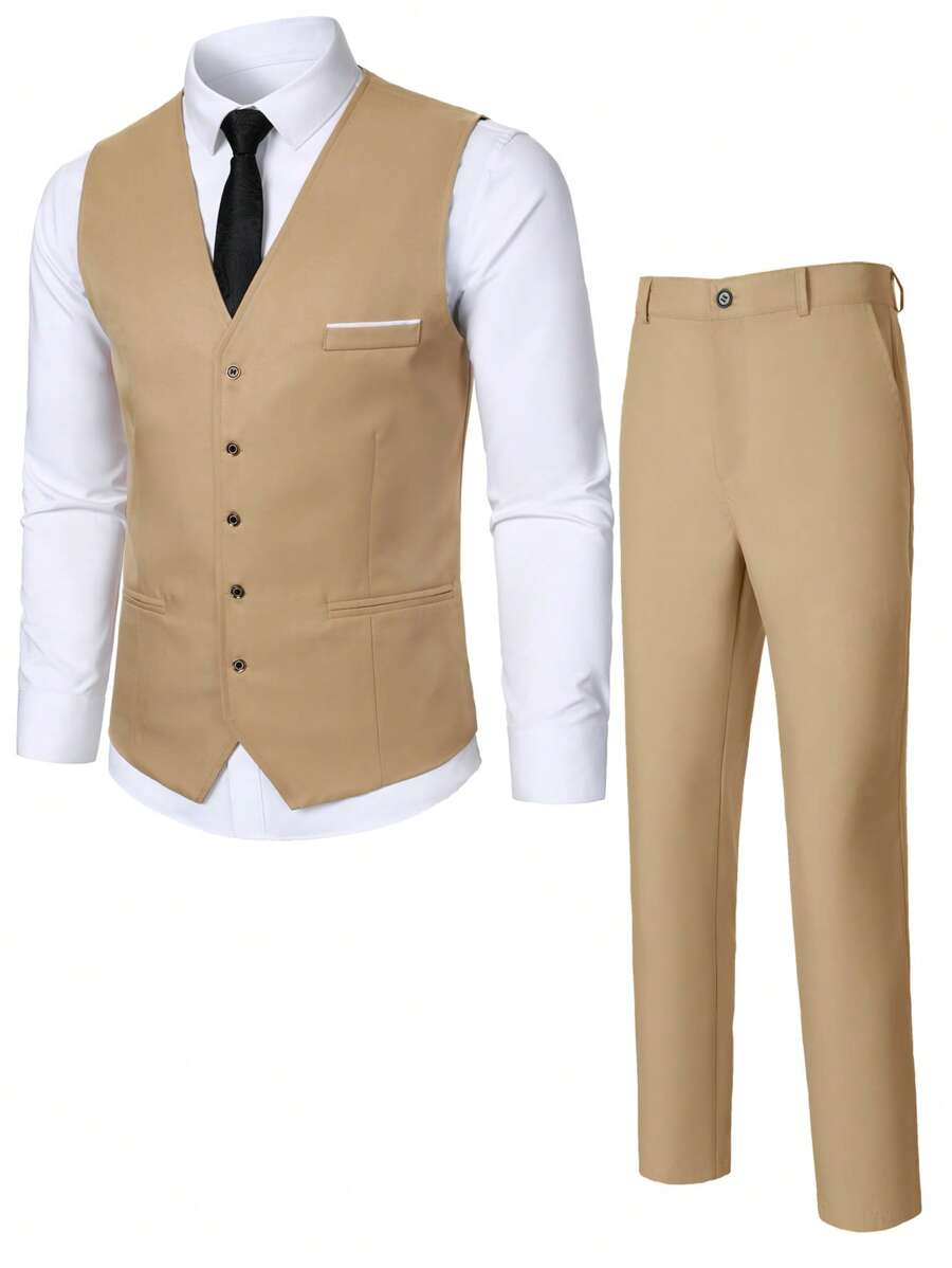 Calvornis Men's Suit Vest, Shirt, And Trousers Outfit, Minimalist Fashion Suitable For Summer, Men Formal Outfit, Wedding Clothes For Men, Men's Dressy Vest Set, Old Money Style - Khaki - View 1