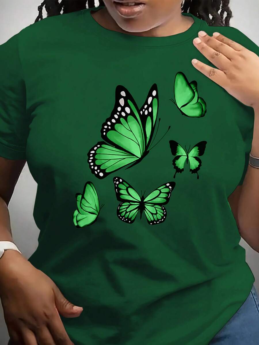 INAWLY Blusa de mujer de manga corta y cuello redondo con estampado de mariposas, versátil y delicada, apta para verano