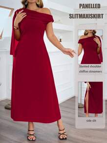 Flirla Plus Size Women Elegant Solid Color Off Shoulder Side Slit Ruffle Dress