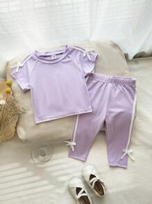 2 Stücke/Set Kleinkind Mädchen lila Kurzarm Top und Hose Lässig Sportanzug, verziert mit Schleife und Schleife, geeignet für Kleinkind Mädchen im Sommer, vielseitig kombinierbar