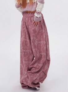 SHEIN 女式宽松皱褶花卉图案灯芯绒长裤 - 珊瑚粉 - 查看 2