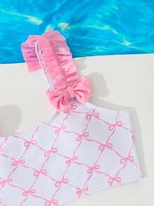 Tween Girl Floral Bowknot Ribbon Print Pattern Swimsuit Set, Random Print - Pink - View 4