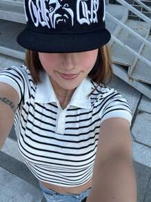 SHEIN Teen Girls Spring/Summer Streetwear Striped Slim Fit Crop Polo Collar Short Sleeve T-Shirt,Parent-Child Clothing - White - View 7