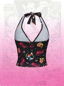 Winx Club X ROMWE 2pcs/Set Women Cartoon Print Sleeveless Halter Top And Shorts Set - Multicolor - View 4
