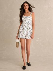 Poéselle Women's Ditsy Floral Ruched Crossover Romper, For Vacation,Summer Clothes - Multicolor - View 4