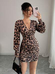 Elenzga 女式性感 V 领灯笼袖褶边迷你连衣裙 - 棕色 - 查看 1