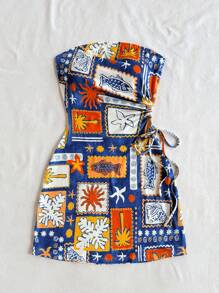 Soleia 镂空腰部抽绳紧身度假连衣裙，带有椰子树等热带岛屿元素，适合假期、约会、情人节、下午茶、春夏季 - 彩色 - 查看 3