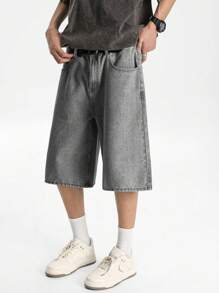 Manfinity Hypemode Men's Light Blue Washed Denim Loose Casual Shorts Jorts - Light Grey - View 4