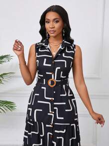 Lyxana Vestido cruzado con volantes escalonados y estampado geométrico sin mangas, elegante para damas