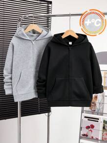 SHEIN 2pcs Tween Boy Casual Loose Hooded Jacket, Suitable For Commuting, School, Daily Casual, Outdoor Activities, Autumn/Winter Season - Multicolor - View 4