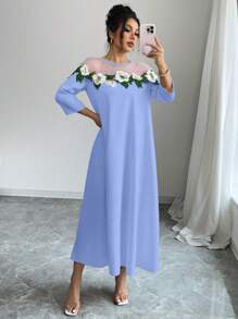 Elenzga Women Floral Applique Decor Mesh Splice Round Neck Dress - Baby Blue - View 5