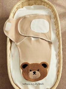 Cozy Pixies 1pc Soft And Skin-Friendly Khaki Baby Swaddle With Teddy Bear Embroidery Patch, Single Layer - Khaki - View 2
