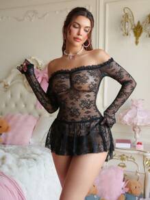 PetitDoll 2pcs Women's Sheer Lace Off-Shoulder Sexy Nightgown Babydoll For Going Out Little Black Dress - Black - View 1