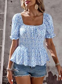 EMERY ROSE Women's Ditsy Floral Square Collar Casual Short Sleeve Shirt, Suitable For Summer Ditsy Floral Blouse, Comfortable Waisted Top, Versatile Boho Holiday Style