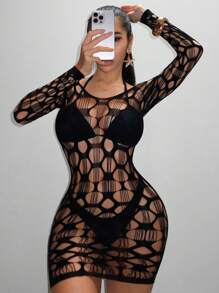 Swim SXY Women's Fashion Sexy Solid Hollow-Out Fitted Mini Cover-Up - Black - View 4