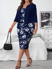 SHEIN Clasi 2 件套大码夏季优雅纯色背心和花卉印花紧身连衣裙短裙两件套 - 藍白色 - 查看 5