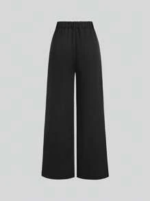 Sweetra 女式夏季无袖金色纽扣百搭上衣和飘逸宽松长裤套装 - 黑色 - 查看 6