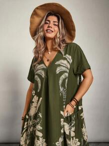 Freevana 大码女式度假口袋休闲短袖花卉印花连衣裙 - 軍綠色 - 查看 3