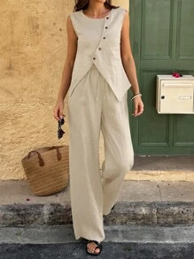 Breezaya Women's Vacation Style Single Breasted Shirt And Pants Casual 2 Pieces Set