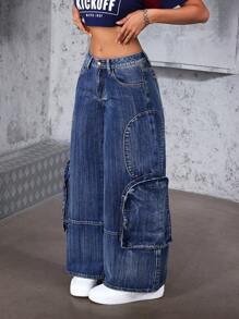 SHEIN ICON 女式宽松阔腿休闲百搭牛仔裤，带口袋 - 藍色 - 查看 1